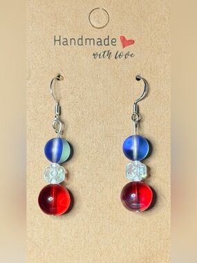 ✨Hand Crafted✨Women’s Red & Blue Glass Bead Drop Earrings - Hypoallergenic